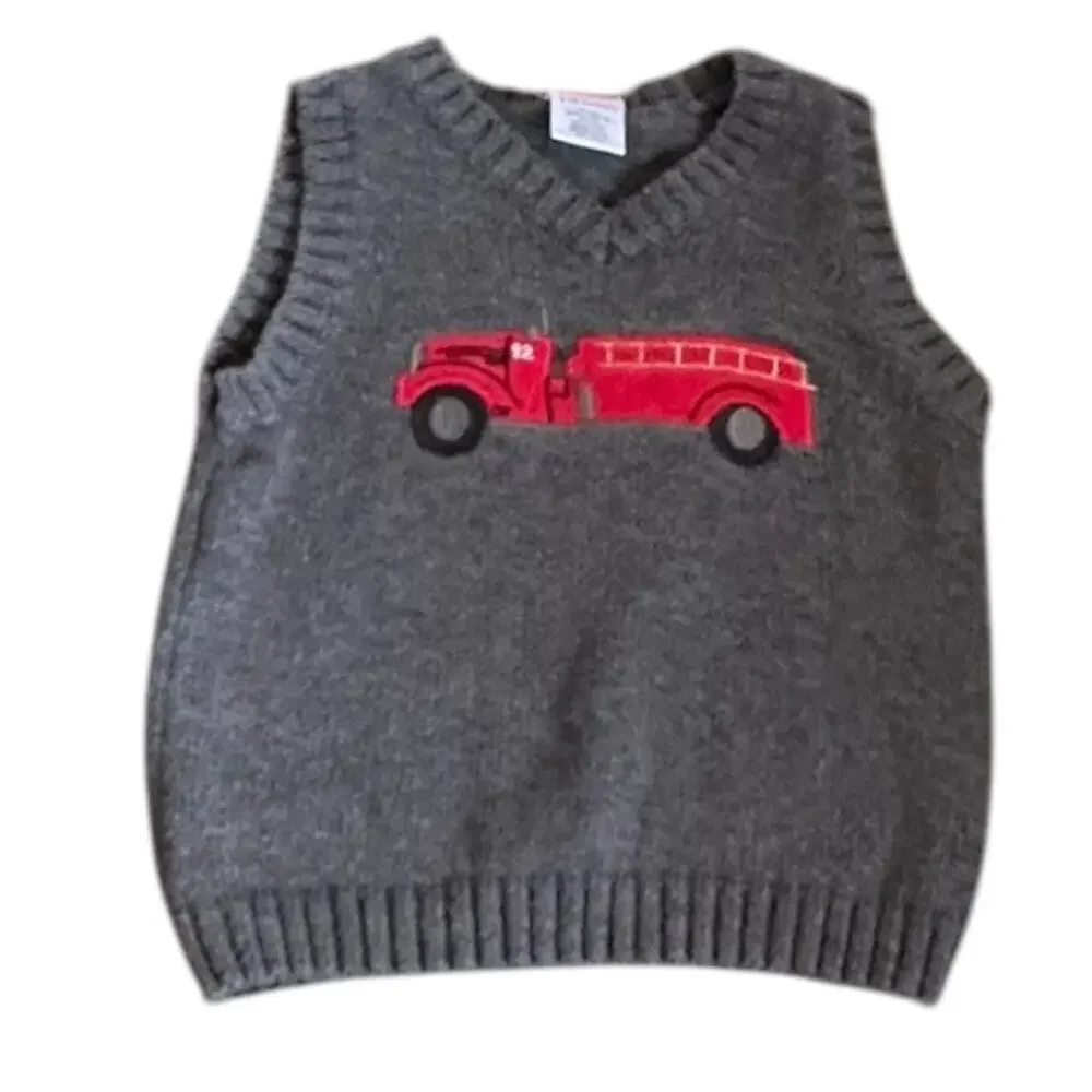 Gymboree boys size 6-12 month gray sweater vest with an embroidered fire engine​